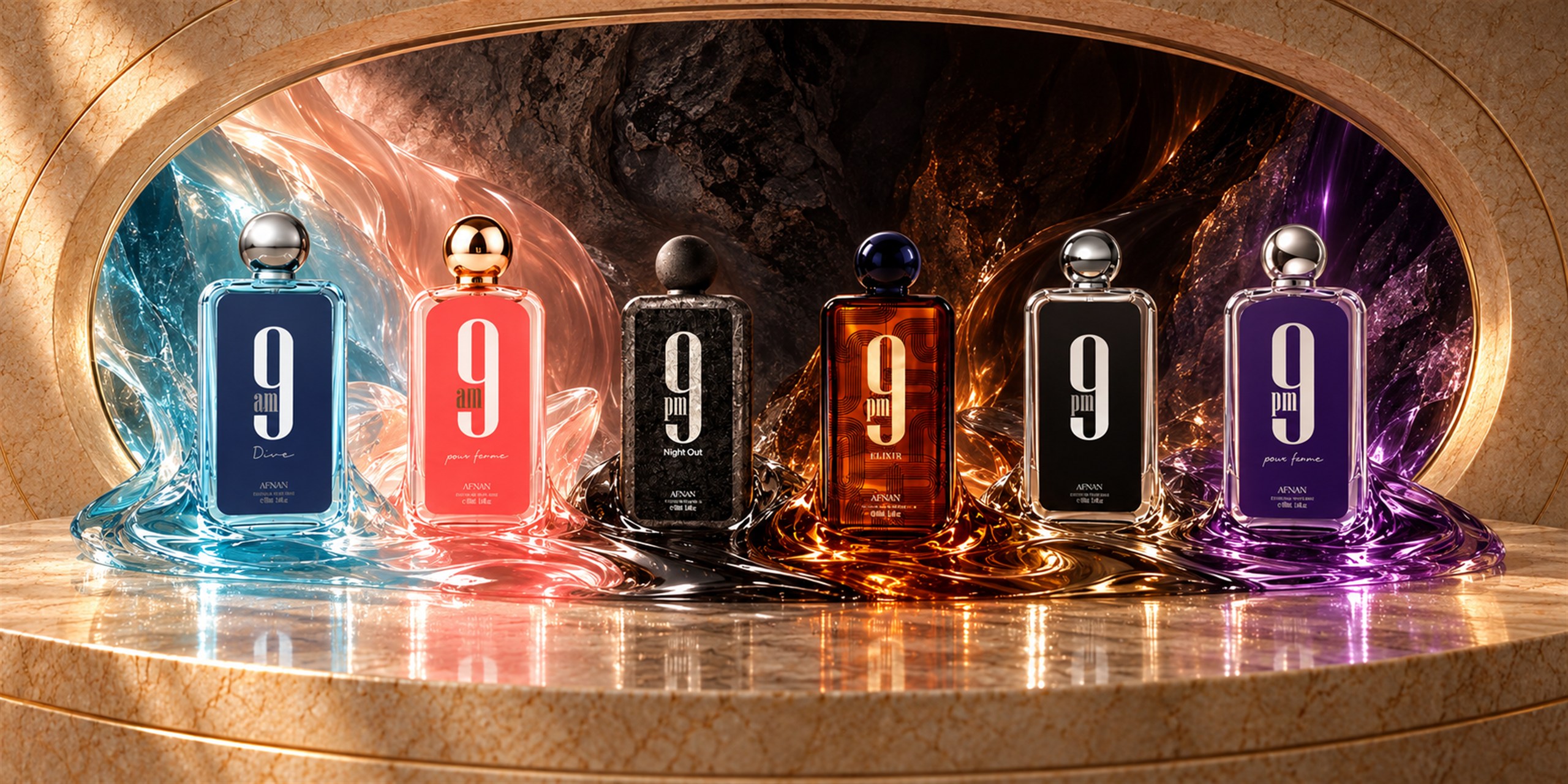 Los seis perfumes de la línea 9 de Afnan sobre una misma superficie, unidos por un surco continuo